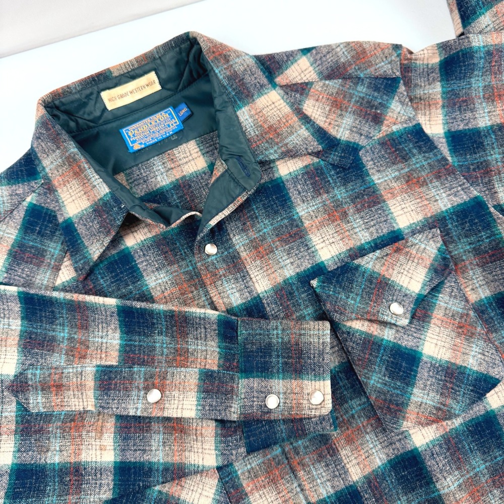 Pendleton Board Shirt Western Pearl Snap Mens L Long Blue Wool Flannel Vintage